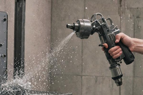Powder coating application process showing electrostatic spray gun
